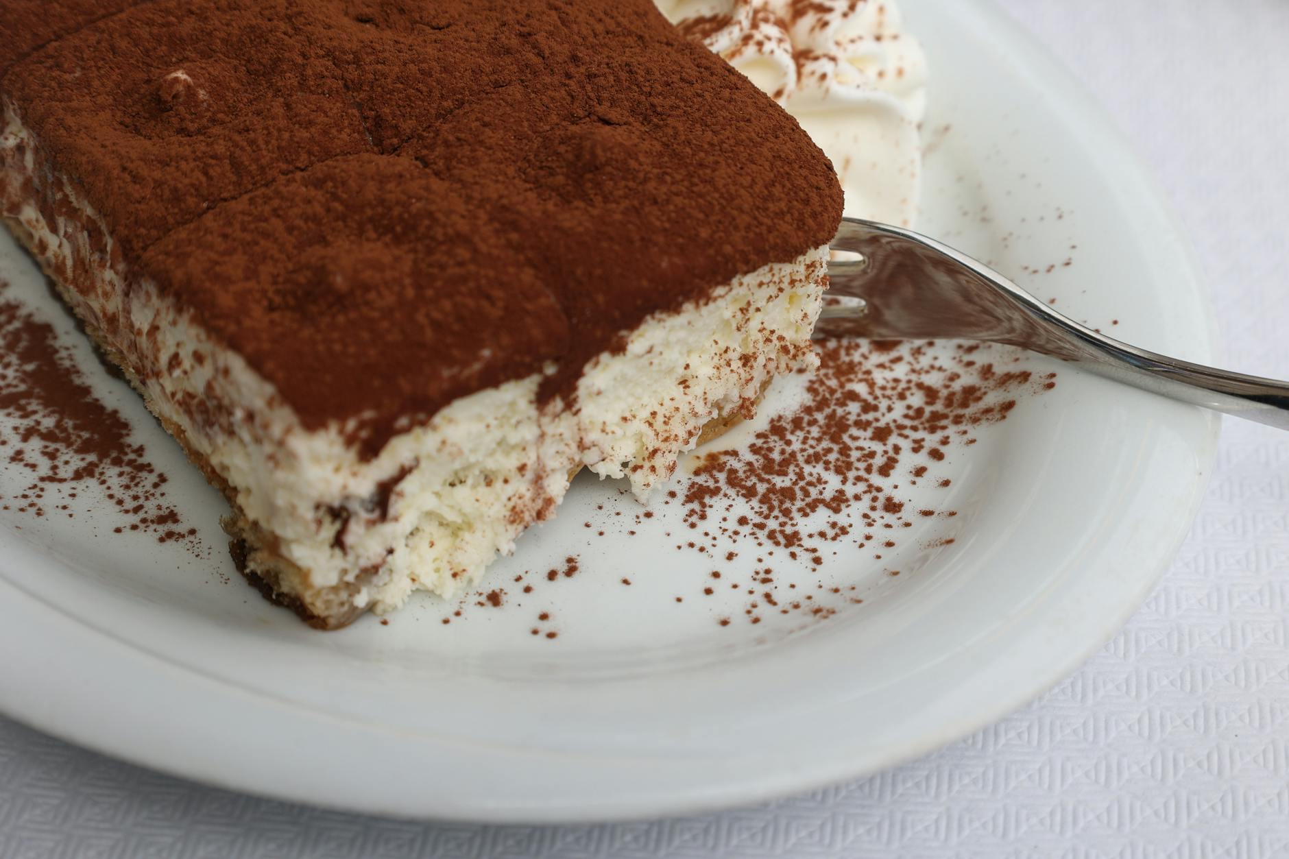Kawałek tiramisu z kakao na białym talerzu